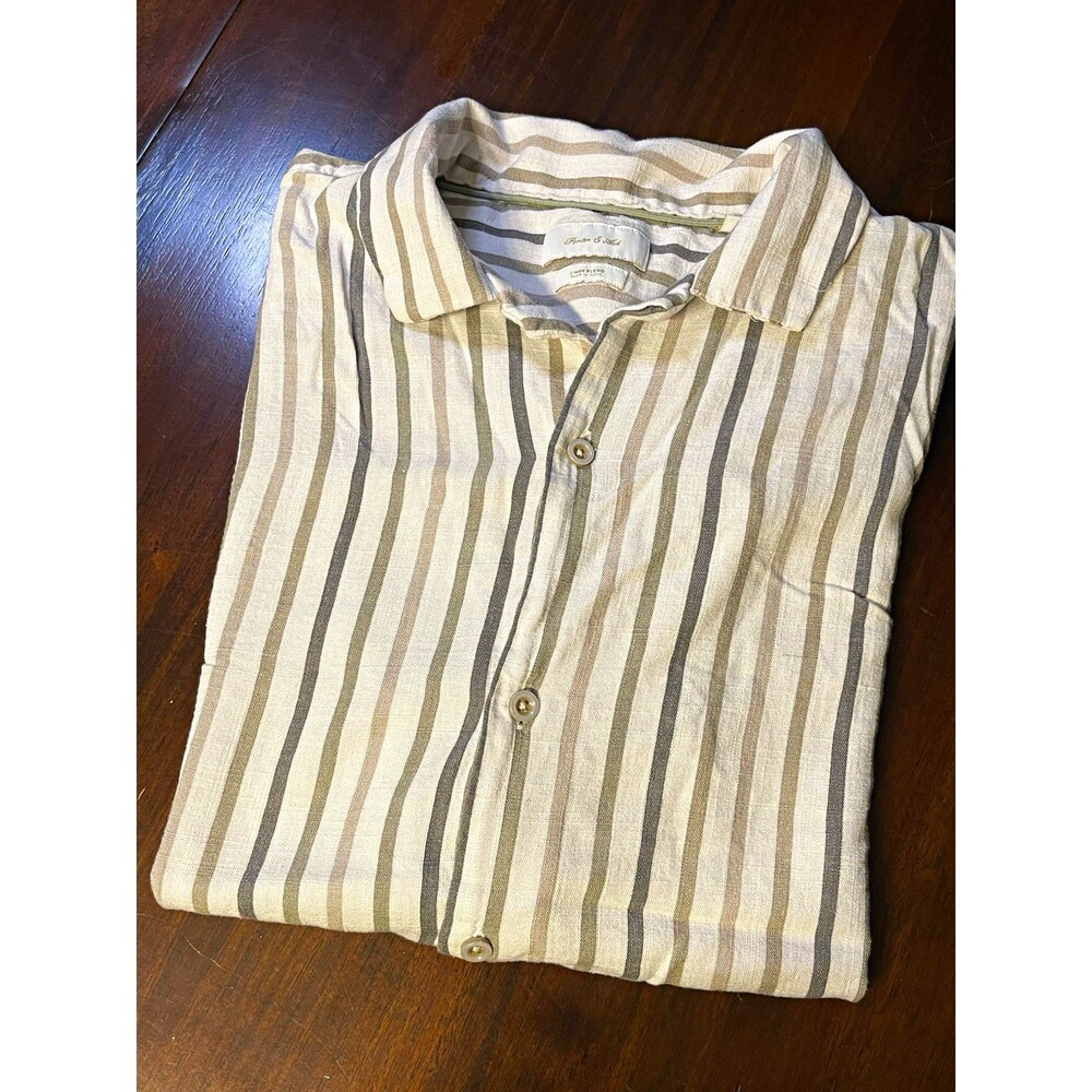 Porter & Ash Men's Striped Linen-Viscose Short Sleeve Button-Up Shirt M